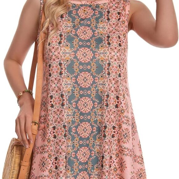 Summer Dresses for Women Beach Boho Sleeveless Vintage Floral Flowy Pocket Tshir - Picture 3 of 6